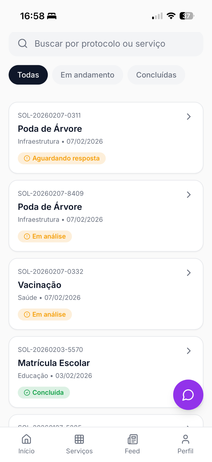 Lista de solicitações do cidadão